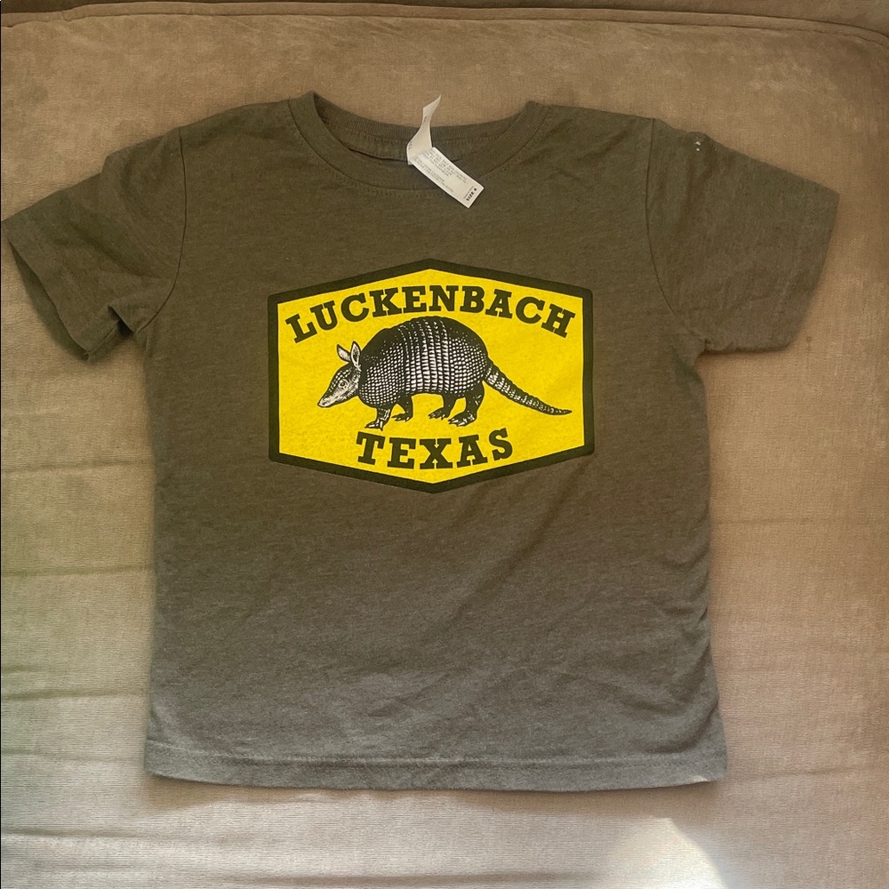 Rabbit Skins Olive Green Luckenbach Texas Armadillo Tee with Yellow Graphic